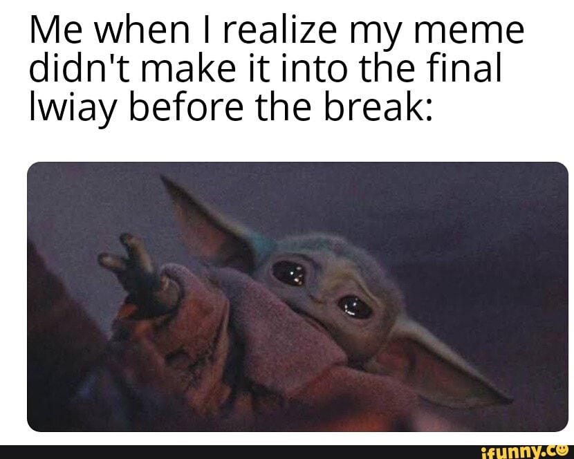 Me when I realize my meme
didn't make it into the final
Iwiay before the break: