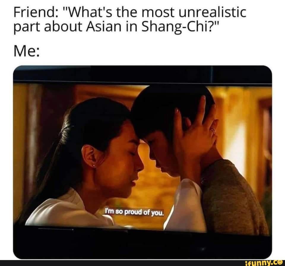 Everything else was very realistic - Friend: "What's the most unrealistic  part about Asian in Shang-Chi?" Me: I'm proud of you. - )