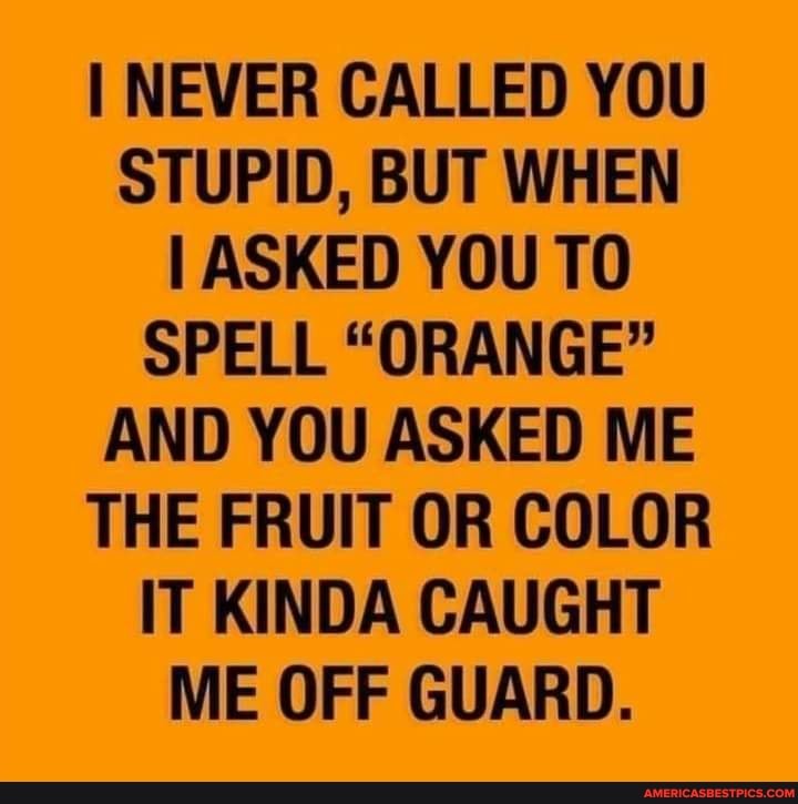 I NEVER CALLED YOU STUPID, BUT WHEN I ASKED YOU TO SPELL "ORANGE"
AND YOU ASKED ME THE FRUIT OR COLOR IT KINDA CAUGHT ME OFF GUARD.