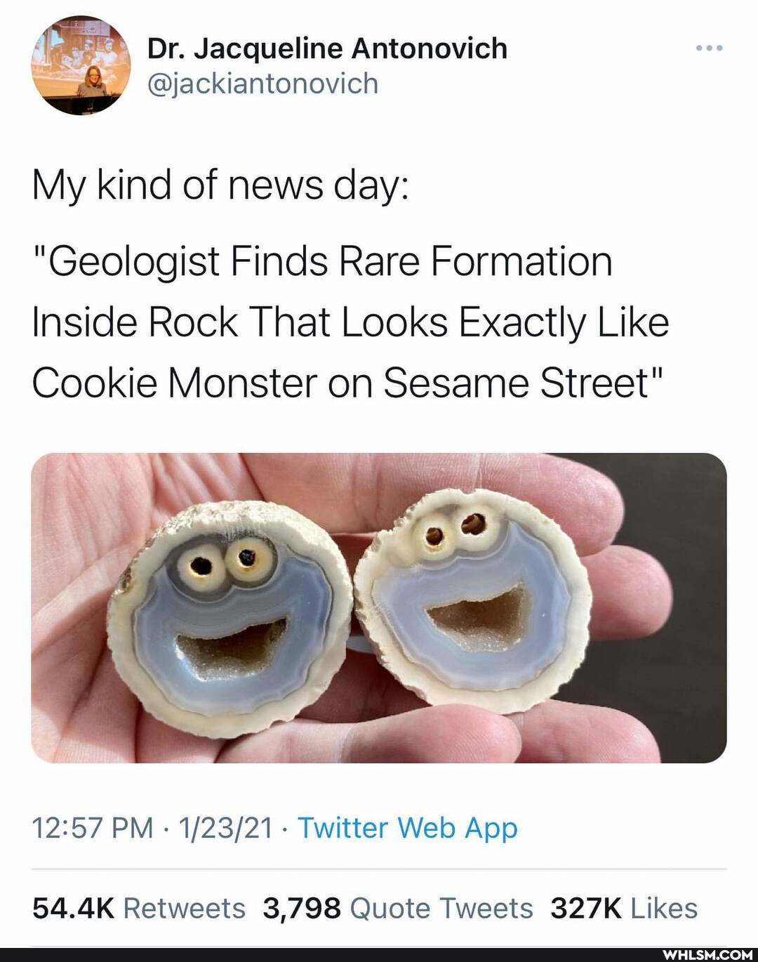 Dr. Jacqueline Antonovich
@jackiantonovich
My kind of news day:
"Geologist Finds Rare Formation
Inside Rock That Looks Exactly Like
Cookie Monster on Sesame Street"
PM Twitter App
