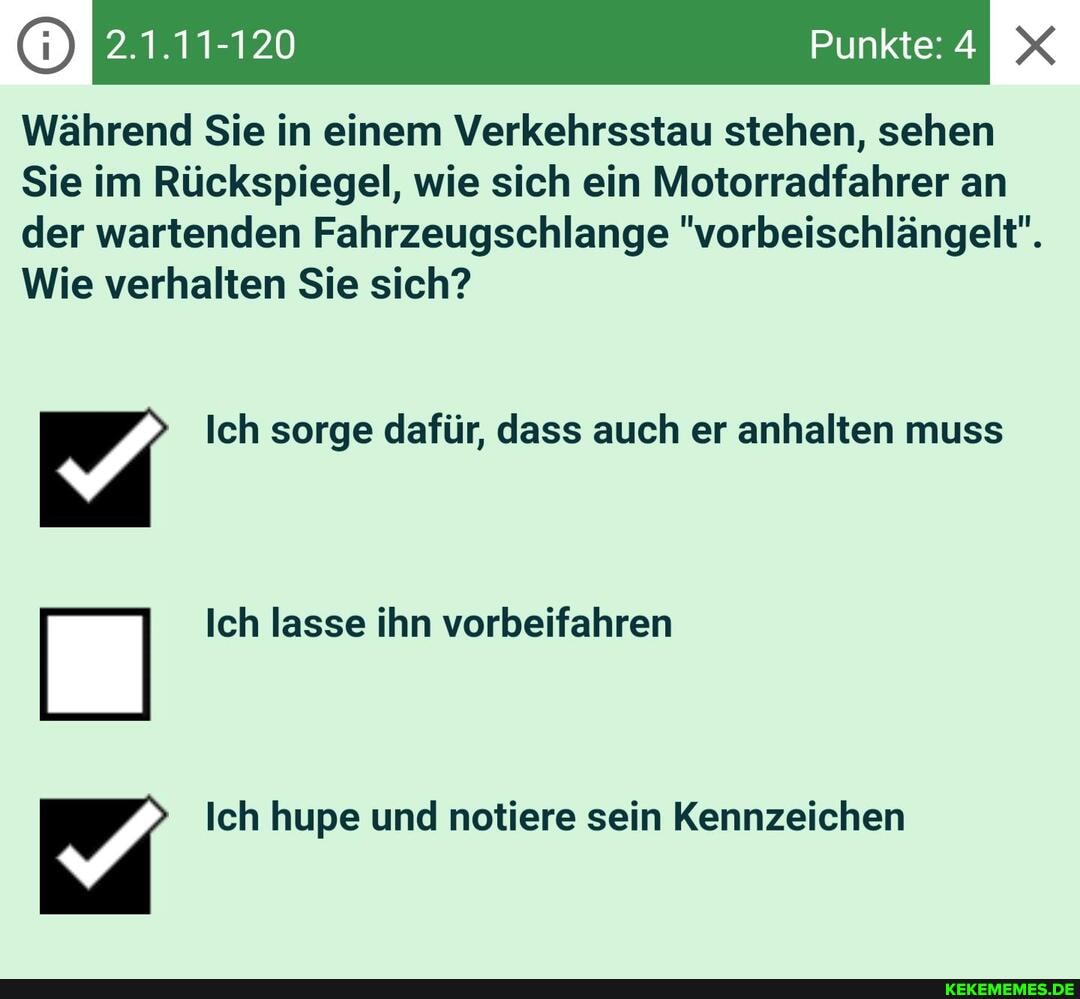 OJ 2.1.11-120 Punkte: 4 Während Sie in einem Verkehrsstau stehen, sehen Sie  im Rückspiegel,