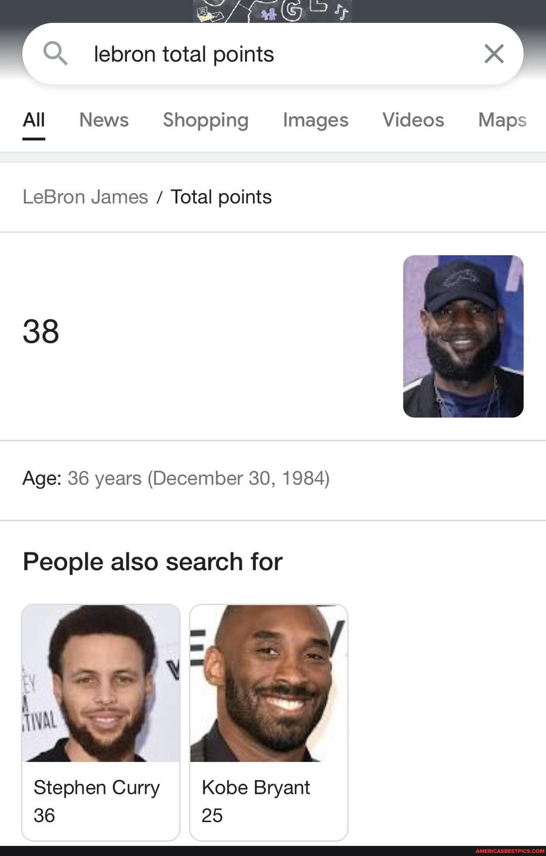 Q lebron total points
All News Shopping Images Videos Maps
LeBron James / Total points
38
Age: 36 years (December 30, 1984)
People also search for
Stephen Curry Kobe Bryant
36 25