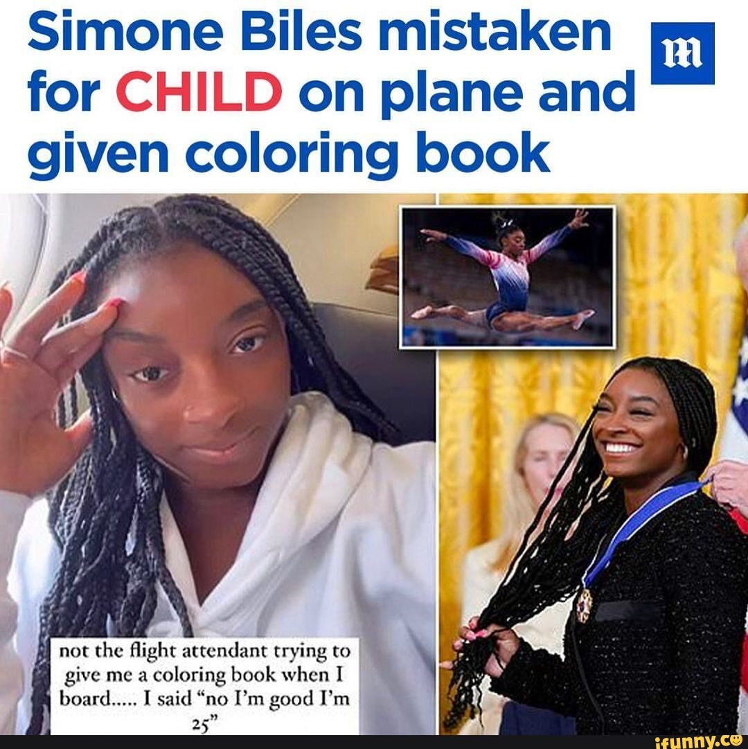 Simone Biles mistaken for CHILD on plane and given coloring book not