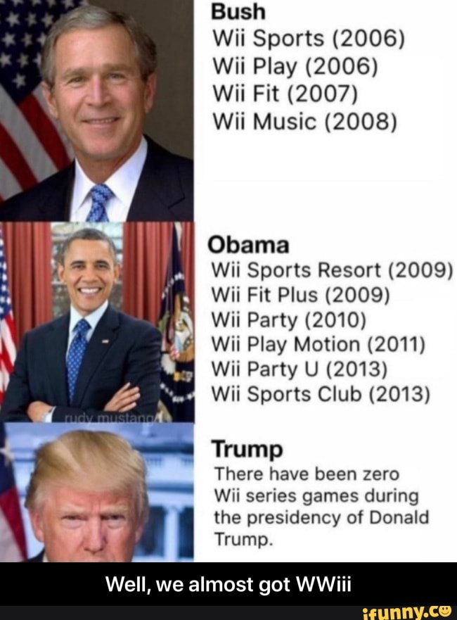 Bush
Wii Sports (2006)
Wii Play (2006)
Wii Fit (2007)
Wii Music (2008)
Obama
Wii Sports Resort (2009)
Wii Fit Plus (2009)
Wii Party (2010)
A
Wii Play Motion (2011)
Wii Party U (2013)
Wii Sports Club (2013)
Trump
There have been zero
Wii series games during
the presidency of Donald
Trump. - Well, we almost got WWiii