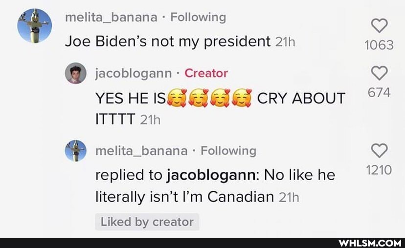 metita_banana - Following
Joe Biden's not my president 1063
jacoblogann - Creator
YES HE CRY ABOUT ITTTT
@ melita_banana Following
replied to jacoblogann: No like he 1210 literally isn't I'm Canadian
Liked by creator
1063
674
1210