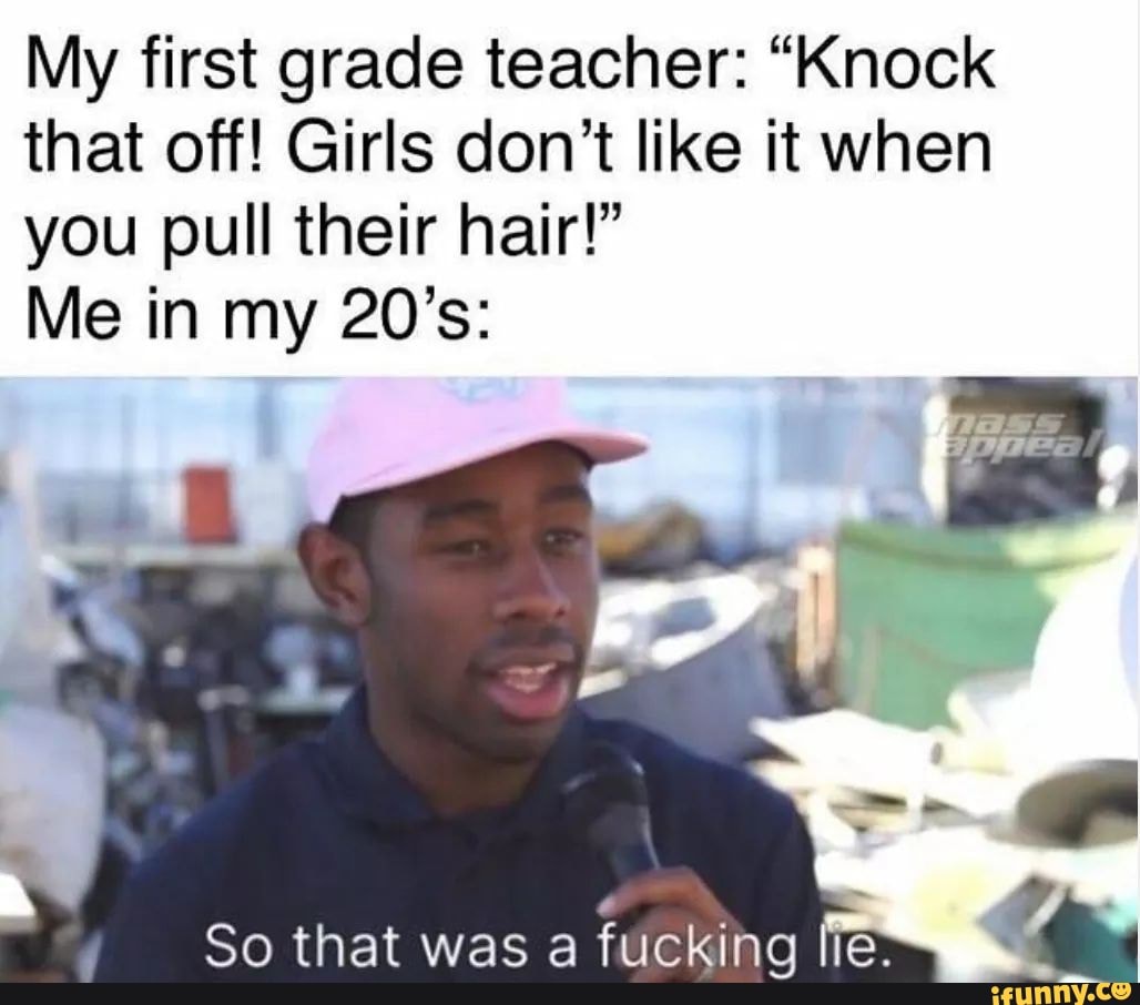 My first grade teacher: "Knock that off! Girls don't like it when you pull  their hair!" Me in my 20's: So that was a fucking le. - )