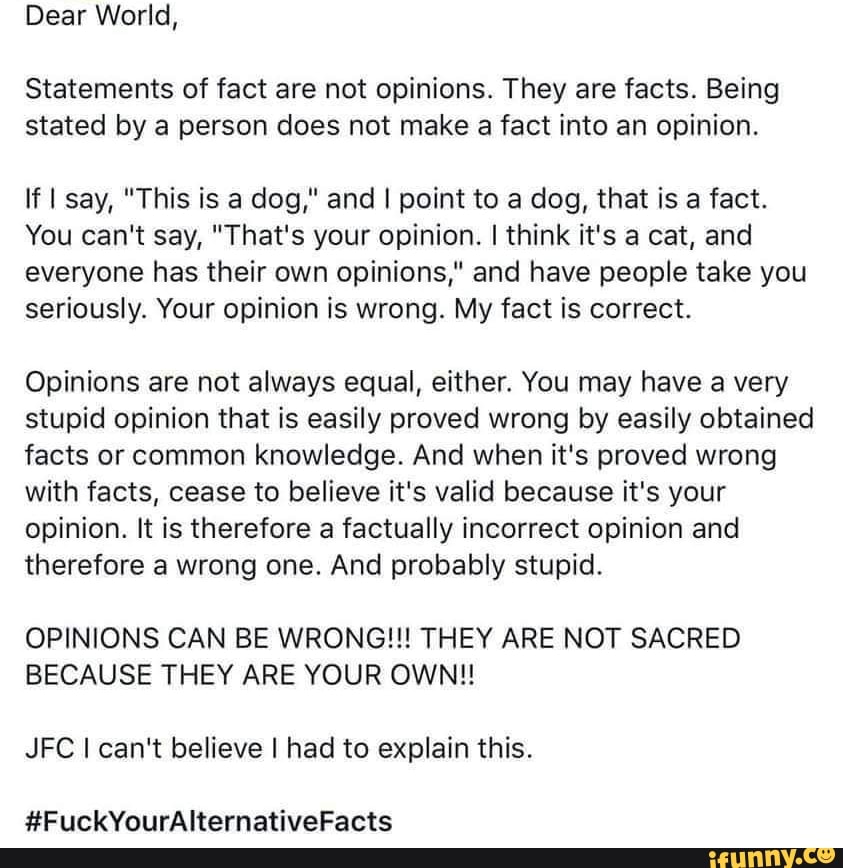 Statements of fact are not opinions. They are facts. Being stated by a ...