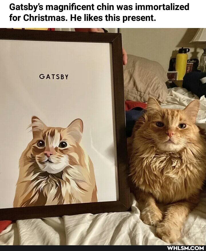 Gatsby's magnificent chin was immortalized for Christmas. He likes this present.
GATSBY