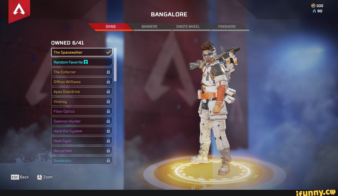 2 Heirloom Back 100 90 Bangalore Skins Banners Emote Wheel Finishers Owned The Spacewalker Random Favorite The Enforcer Officer Williams Apex Overdrive Viceroy Fiber Optics Daemon Hunter Hack The System Heat