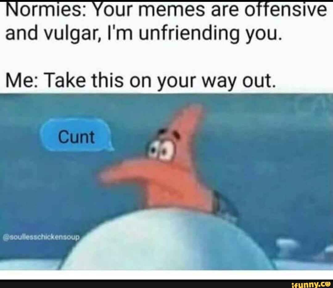 Normles Your Memes Are Offensnve And Vulgar I M Unfriending You Me Take This On Your Way Out Ifunny