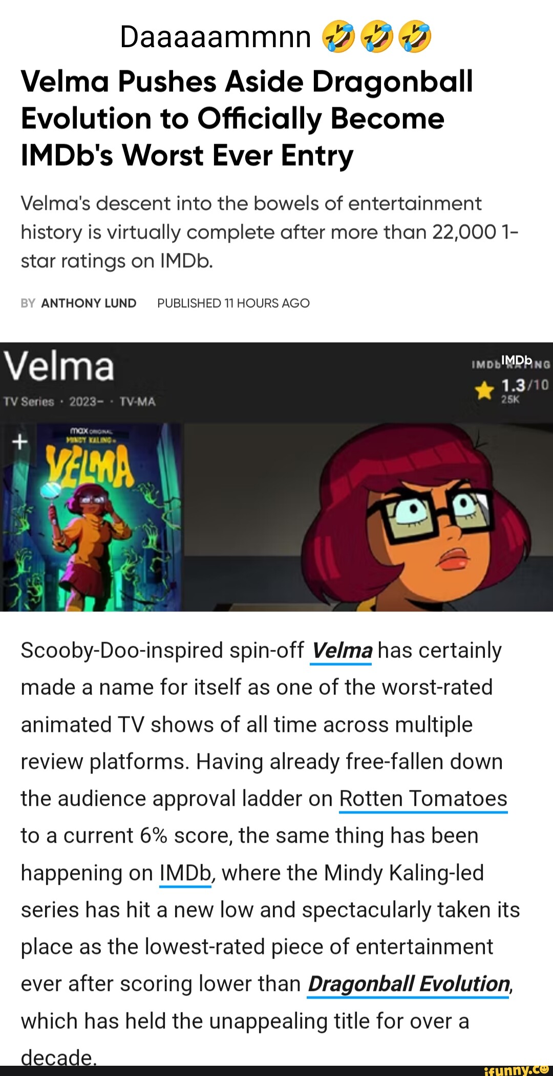Velma becomes the #1 worst rated animated show in history on IMDb