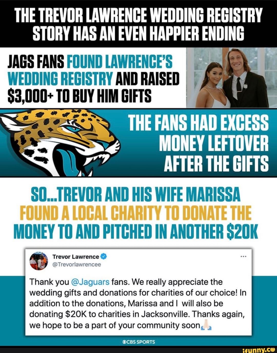 Trevor Lawrence thanks Jaguars' fans for wedding gift