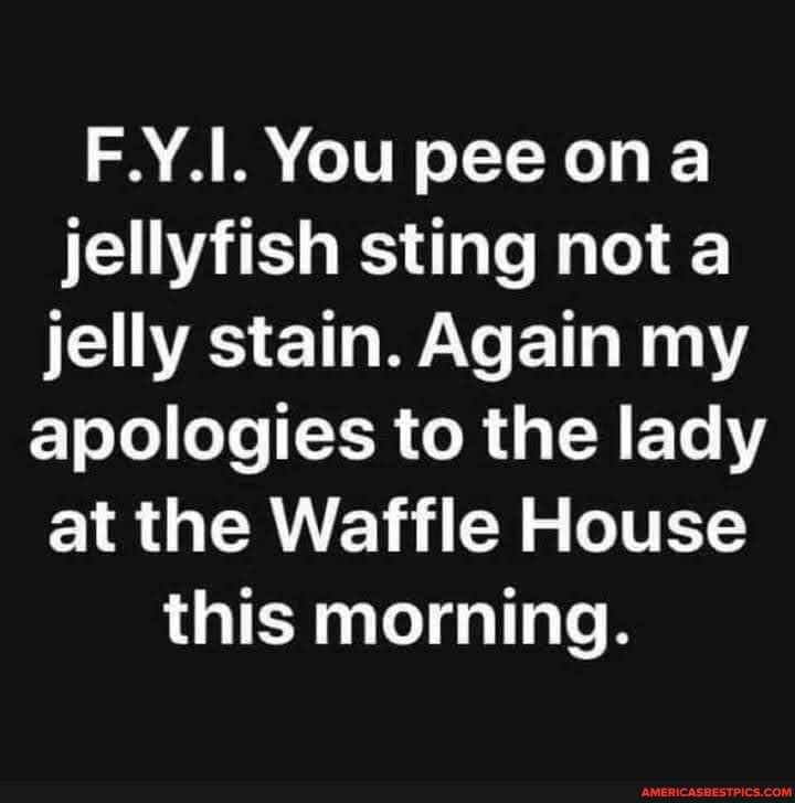 F.Y.1. You pee ona jellyfish sting not jelly stain. Again my apologies to the lady at the Waffle House this morning.