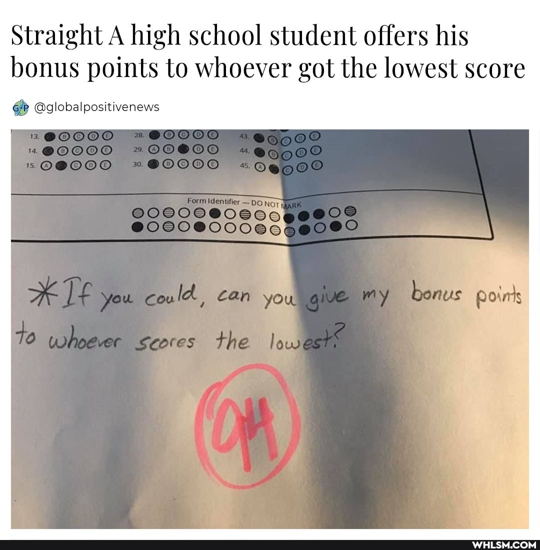 Straight A high school student offers his bonus points to whoever got the lowest score
@globvalpositivenews
sBOOOOO "
660066666
could, an you gve my
18 seores the