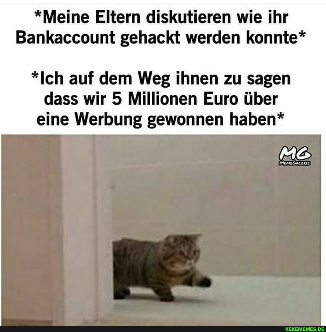 *Meine Eltern diskutieren wie ihr
Bankaccount gehackt werden konnte*
*Ich auf dem Weg ihnen zu sagen dass wir 5 Millionen Euro über eine Werbung gewonnen haben*