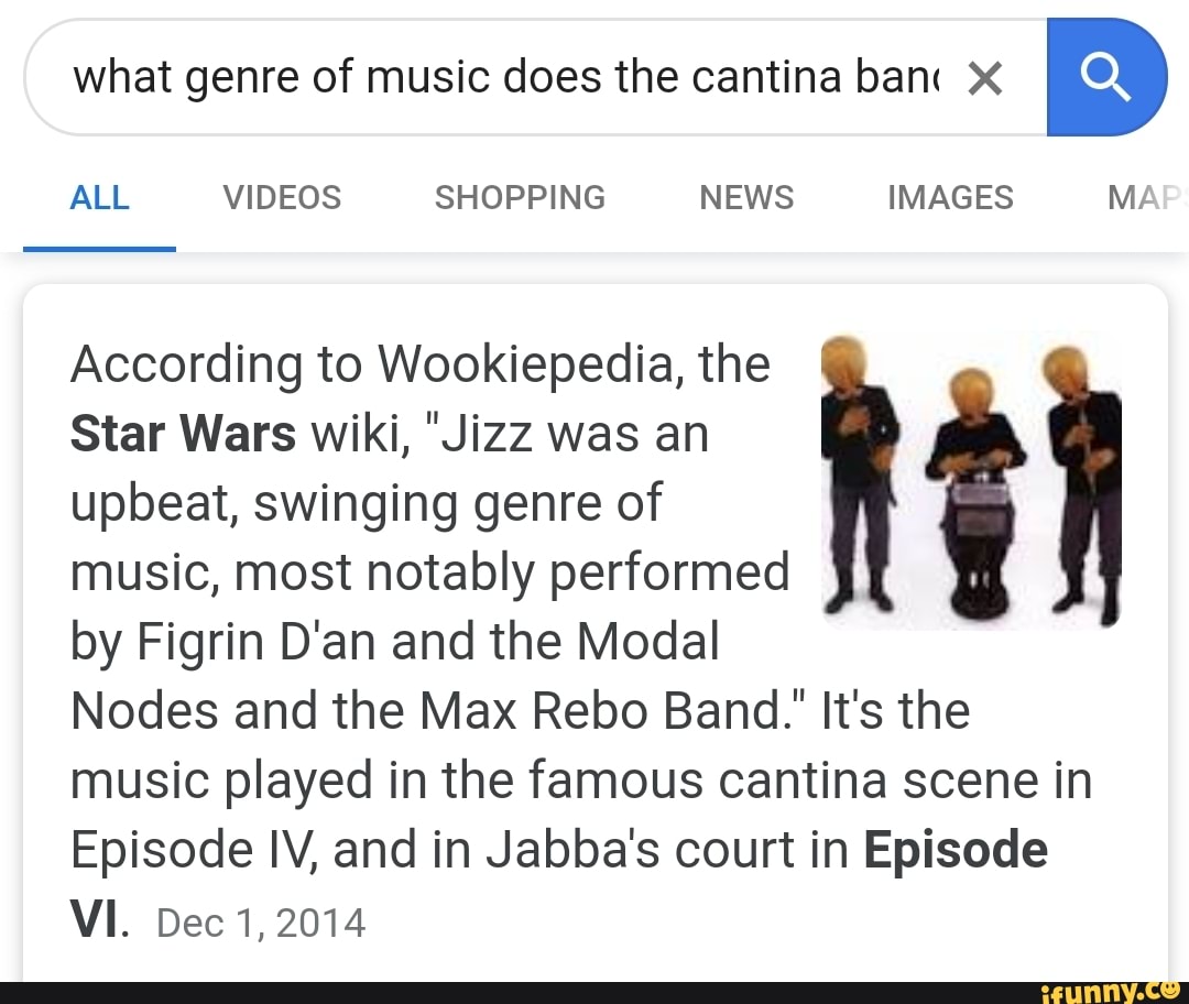 what genre of music does the cantina bani X
ALL VIDEOS SHOPPING NEWS IMAGES MA
According to Wookiepedia, the
Star Wars wiki, "Jizz was an
upbeat, swinging genre of
music, most notably performed
by Figrin D'an and the Modal
Nodes and the Max Rebo Band." It's the
music played in the famous cantina scene in
Episode IV, and in Jabba's court in Episode
VI. Dec 1,2014