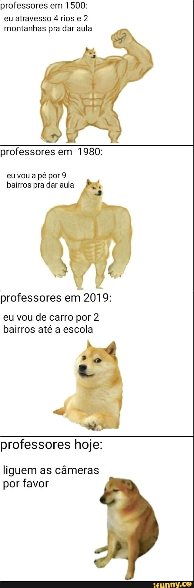 professores em 1500:
eu atravesso 4 rios e 2
montanhas pra dar aula
professores em 1980:
eu vou a pé por 9
bairros pra dar aula
professores em 2019:
eu vou de carro por 2
bairros até a escola