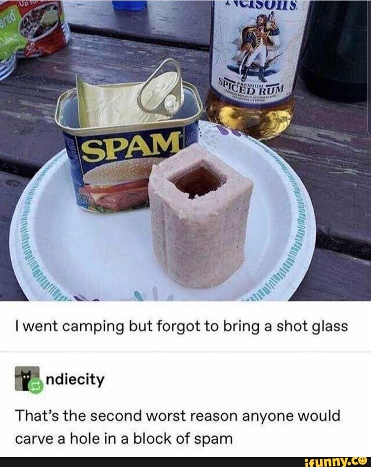 Cor &
ndiecity
went camping but forgot to bring a shot glass
That's the second worst reason anyone would carve a hole in a block of spam