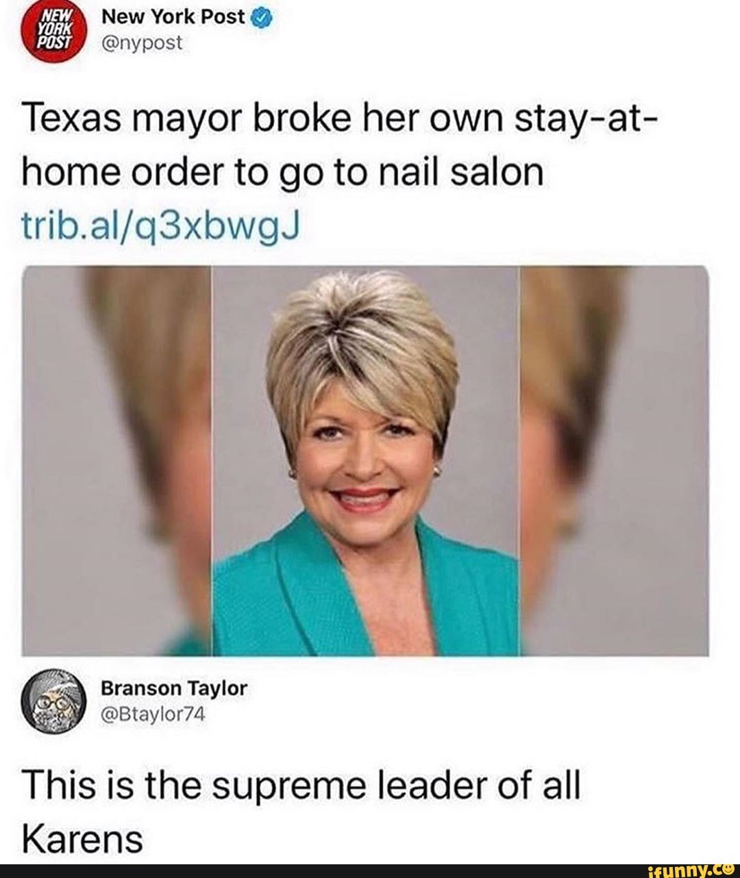 Texas mayor broke her own stay-at- home order to go to nail salon
This is the supreme leader of all
Karanc