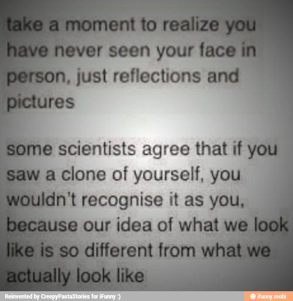 never see n
your fi
on, just reflections ¢
me scientists agree that if you
w a clone of yourself, you
Jidn't recognise it as you,
ise our idea of tal