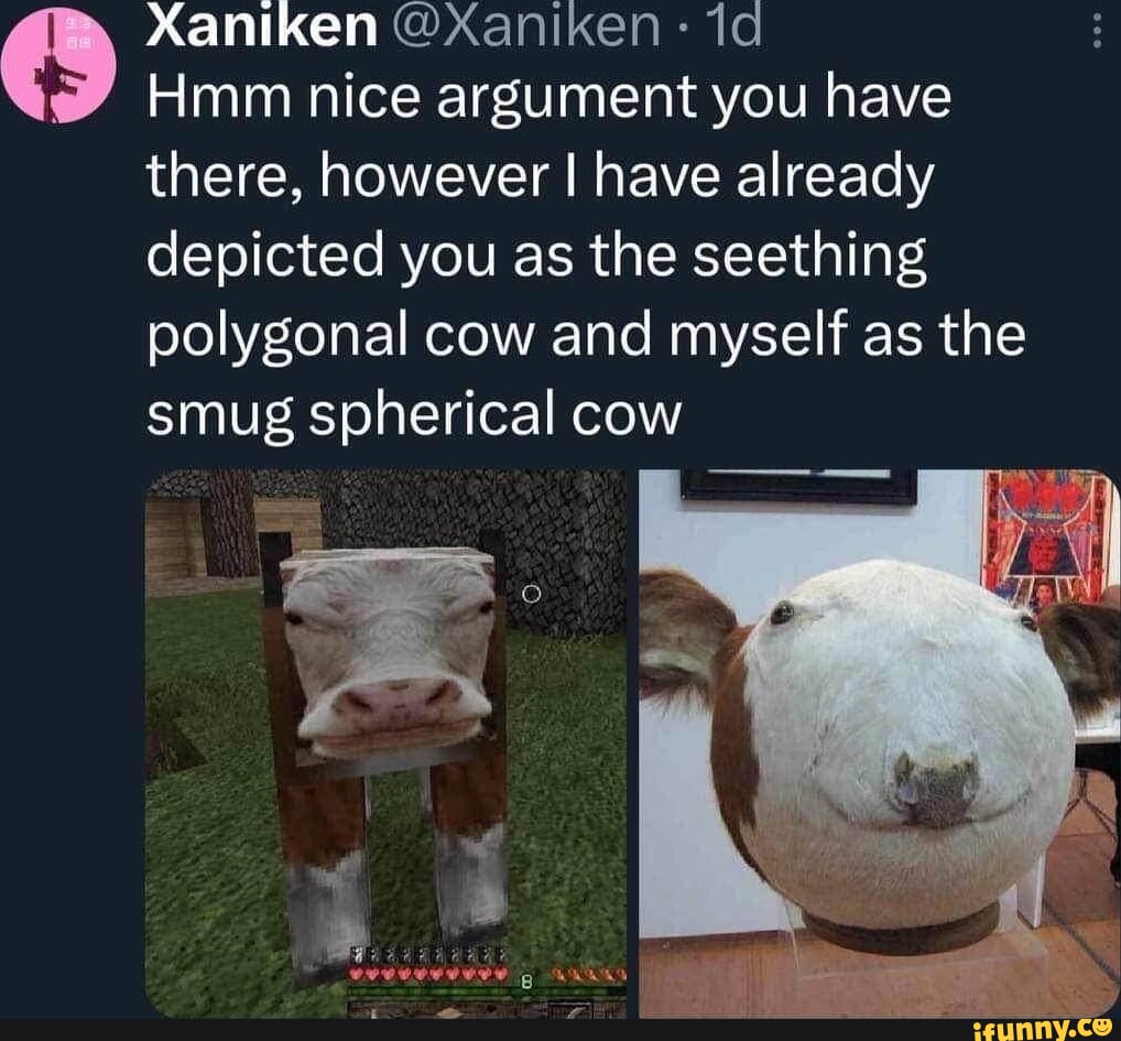 Xaniken @xXaniken Hmm nice argument you have there, however I have already  depicted you as the seething polygonal cow and myself as the smug spherical  cow - iFunny