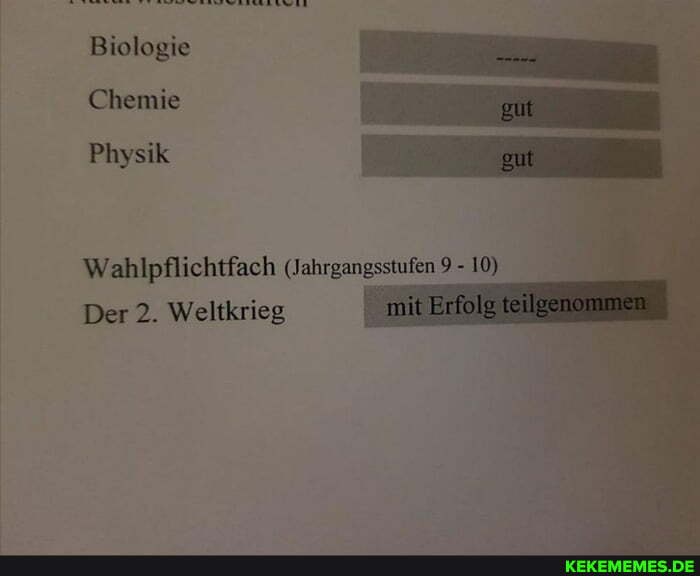 Biologie
Chemie
Physik
Wahlpflichtfach (Jahrgangsstufen 9 - 10)
Der 2. Weltkrieg mit Erfolg teilgen