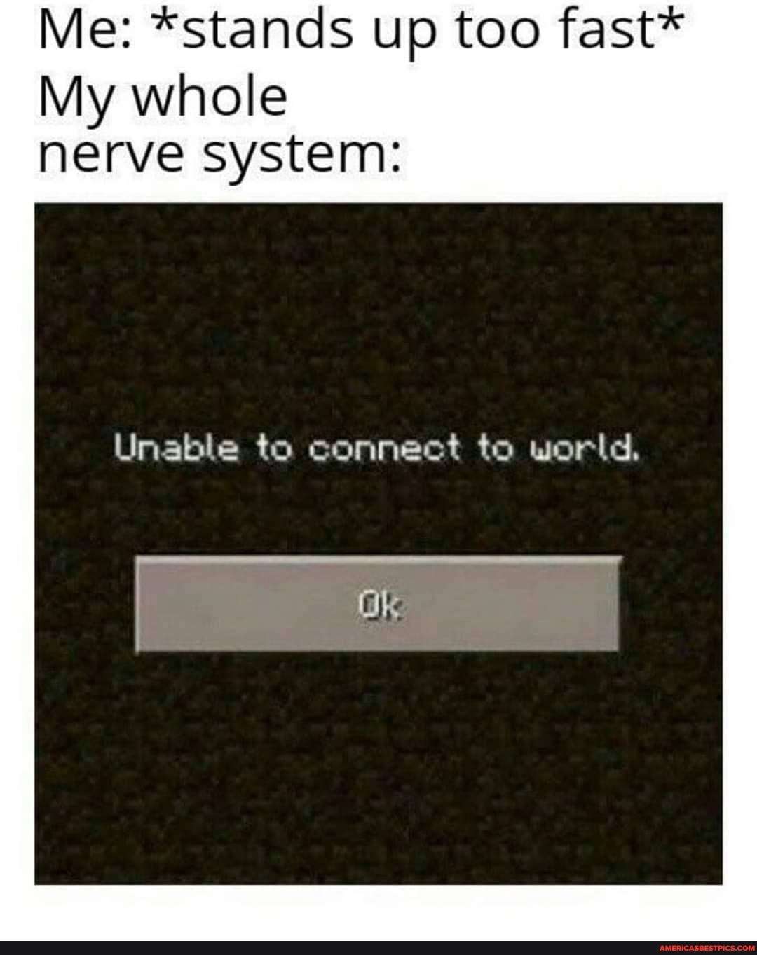 Me: *stands up too fast*
My whole nerve system:
Unable to connect to world,
