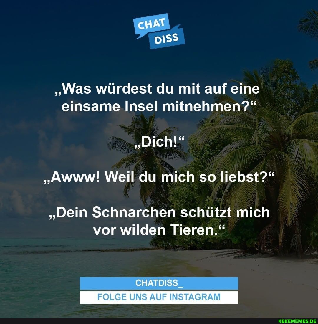 "Was würdest du mit auf eine einsame Insel mitnehmen?"
"Dich!"
"Awww! Weil du mich so liebst?"
"Dein Schnarchen schützt mich vor wilden Tieren."
CHATDISS.
FOLGE UNS AUF INSTAGRAM