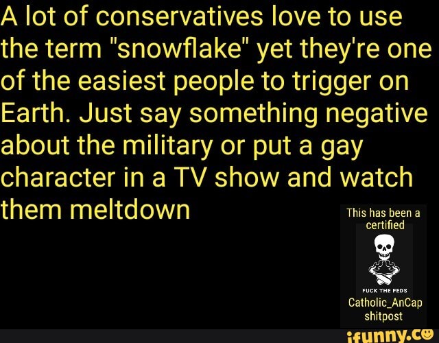 A lot of conservatives love to use the term "snowflake" yet they're one of the easiest people to trigger on
Earth. Just say something negative about the military or put a gay character in a TV show and watch them meltdown This hasbeen
catholic. AnCap shitpost