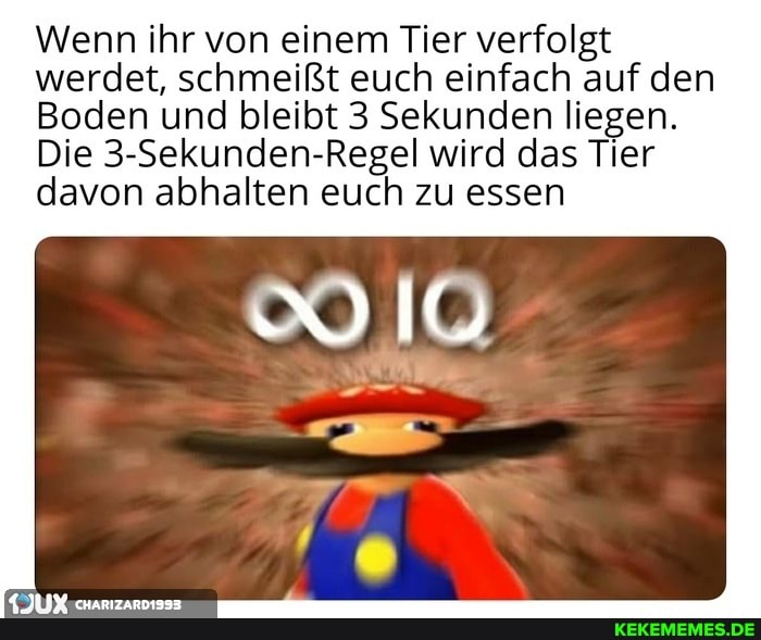 Wenn ihr von einem Tier verfolgt werdet, schmeißt euch einfach auf den
Boden und bleibt 3 Sekunden liegen.
Die 3-Sekunden-Regel wird das Tier
davon abhalten euch zu essen