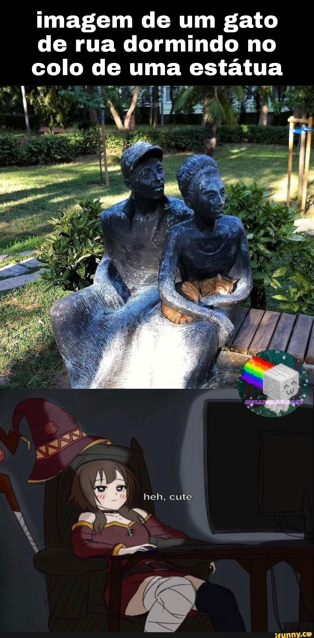 imagem de um gato de rua dormindo no colo de uma estátua
heh, cute
4 MM