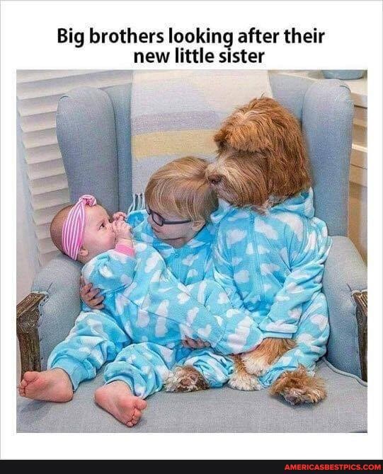 Big brothers looking after their new little sister
