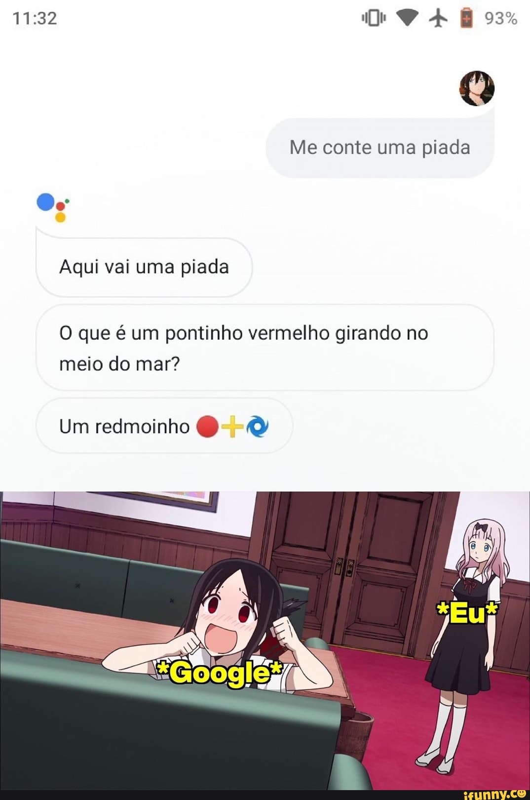Me conte uma piada
Aqui vai uma piada
O que é um pontinho vermelho girando no
meio do mar?
Um redmoinho O --O