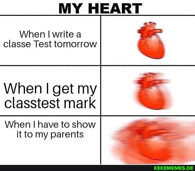 MY HEART
When write a classe Test tomorrow
When I get my classtest mark
When I have to show it to my parents
