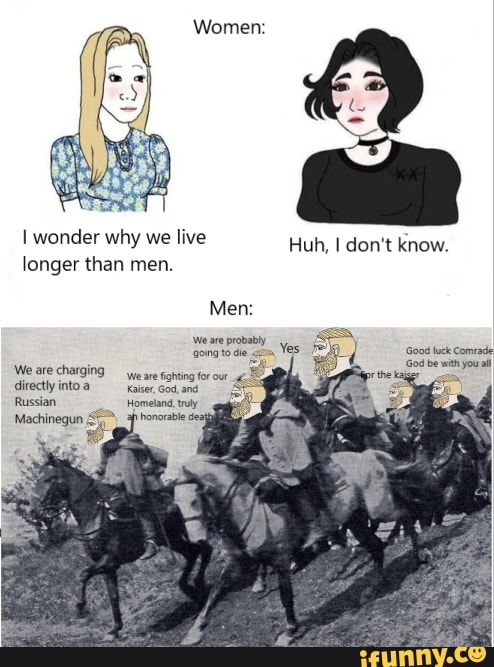 I wonder why we live Huh, I don't know.
longer than men.
Men:
wear gongtoae Yes ood Comrade
We are charging are nghting for our directly intoa
Russian Homeland uly