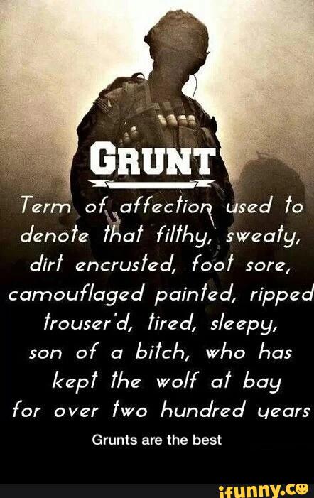 04 affecfionx
denofe f af fi/fhy, sweafy,
a'irf encrusfea', foof sore,
camouflaged painfzd, ripped
Írouszr'cl, fired, s/zepy,
son
of a
bifcl'), Who has
kzpf lhe wolf af bay
for OVZI'
two hundred uears
Grunts are the best -