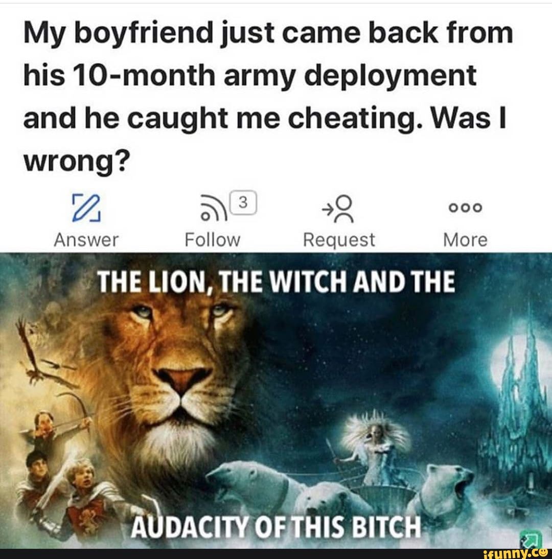 My boyfriend just came back from his 10-month army deployment and he caught me cheating. Was I wrong?
Follow Request
THE LION, THE WITCH AND THE