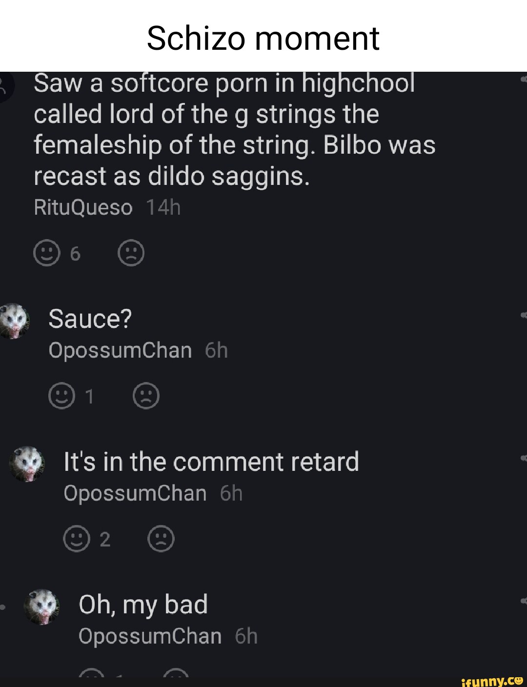 Schizo moment Saw a softcore porn in highchool called lord of the g strings the femaleship of