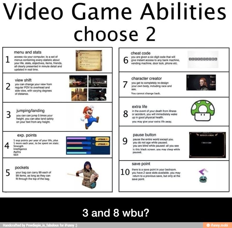 Video Game Abilities
choose 2
menu and stats
view shift
2 dia
exp. points
cheat code
6% a saga code nat wa
ending machine, door lock, phone et.
character creator
7 perece roma
jour cum bos. include reco ana
ve instant aocess lo any bank maces,
DODOGODODO
pause button
O - 3 and 8 wbu?