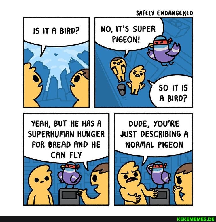 SAFELY ENDANGERED IT IT A BIRD? NO, IT'S SUPER PIGEON! YEAH, BUT HE HAS A DUDE, 