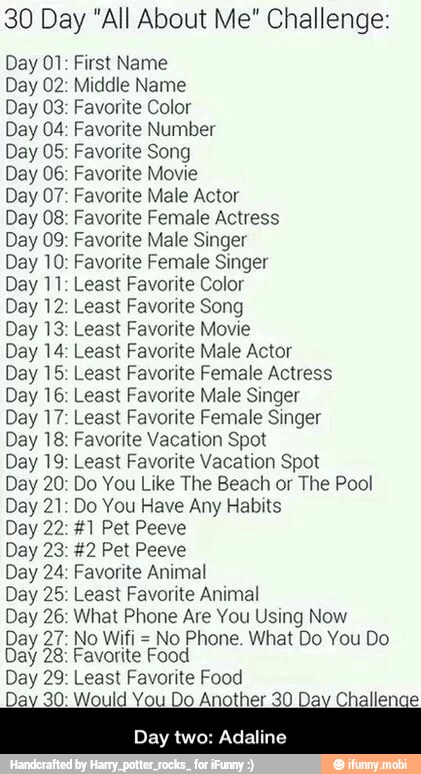 30 Day "All About Me" Challenge:
Day 01: First Name
Day 02: Middle Name
Day 03: Favorite Color
Day 04: Favorite Number
Day 05: Favorite Song
Day 06: Favorite Movie
Day 07: Favorite Male Actor
Day 08: Favorite Female Actress
Day 09: Favorite Male Singer
Day 10: Favorite Female Singer
Day 11: Least Favorite Color
Day 12: Least Favorite Song
Day 13: Least Favorite Movie
Day 14: Least Favorite Male Actor
Day 15: Least Favorite Female Actress
Day 16: Least Favorite Male Singer
Day 17: Least Favorite Female Singer
Day 18: Favorite Vacation Spot
Day 19: Least Favorite Vacation Spot
Day 20: Do You Like The Beach or The Pool
Day 21: Do You Have Any Habits
Day 22: #1 Pet Peeve
Day 23: #2 Pet Peeve
Day 24: Favorite Animal
Day 25: Least Favorite Animal
Day 26: What Phone Are You Using Now
No Phone. What Do You Do Day 28: Favorite Food
Day 29: Least Favorite Food
Day 30: Would You Do Another 30 Day Challenge - Day two: Adaline