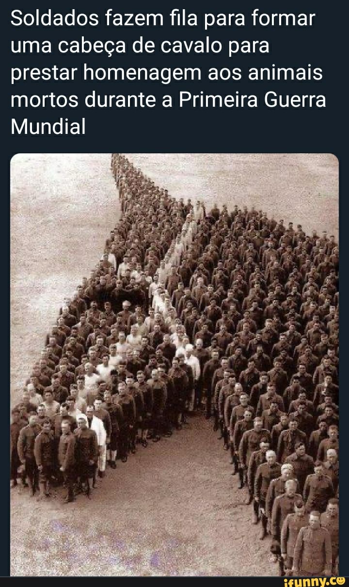 Soldados fazem fila para formar uma cabeça de cavalo para prestar homenagem aos animais mortos durante a Primeira Guerra
Mundial