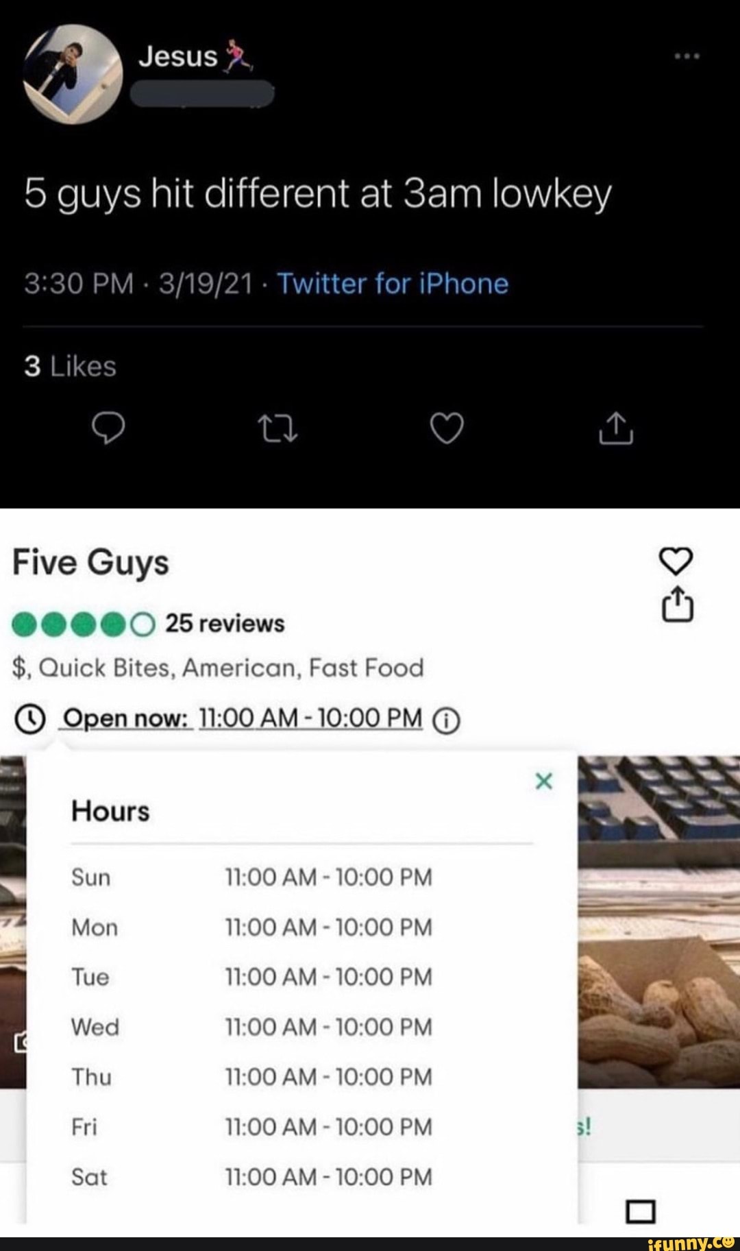 Jesus 5 guys hit different at lowkey PM - - Twitter for iPhone Likes Five  Guys @@@@O reviews