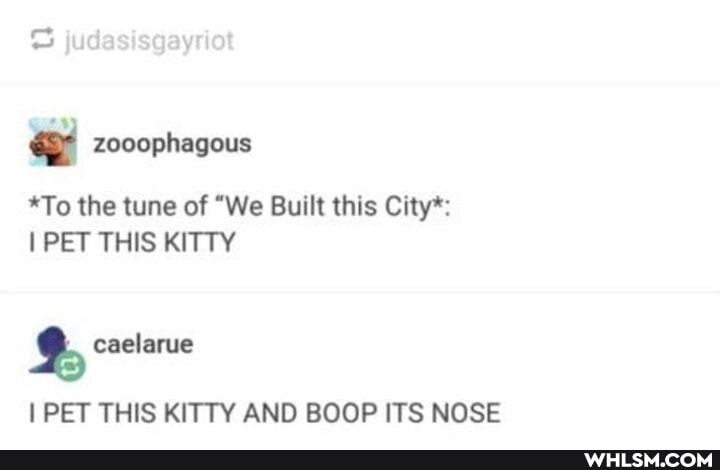 zooophagous
*To the tune of "We Built this City*:
I PET THIS KITTY
I PET THIS KITTY AND BOOP ITS NOSE