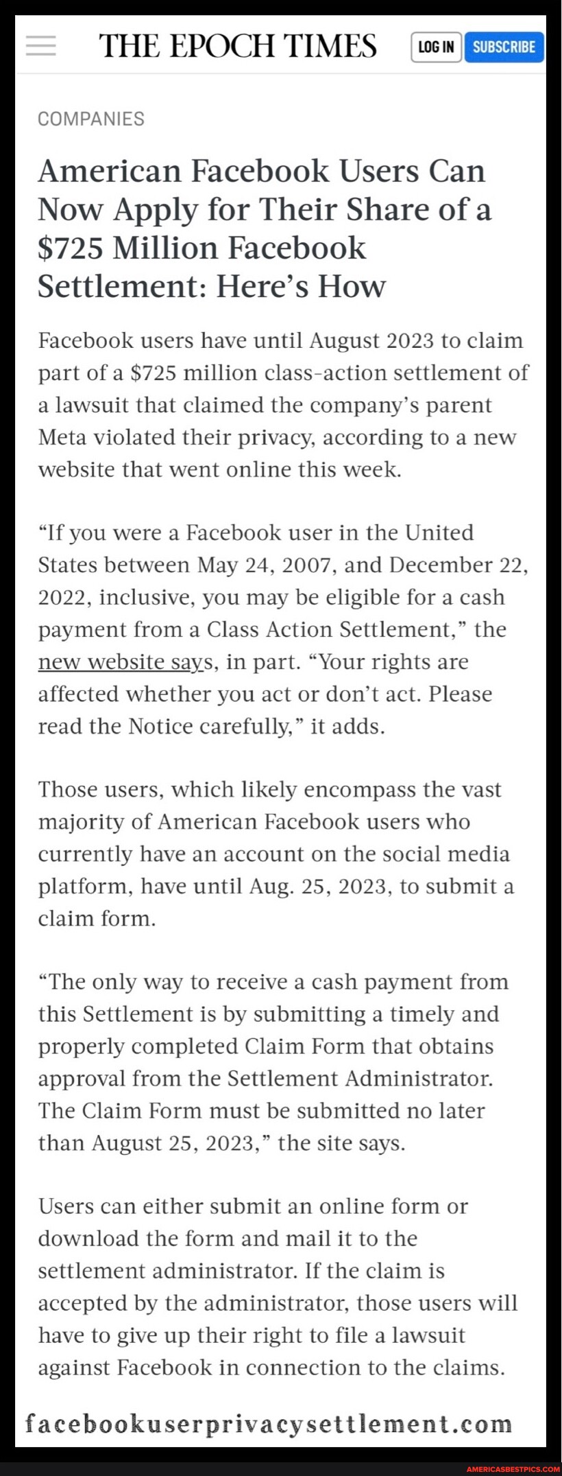 THE EPOCH TIMES COMPANIES American Facebook Users Can Now Apply for Their  Share of a $725