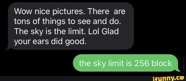 Wow nice pictures. There are tons of things to see and do.
The sky is the limit. Lol Glad your ears did good.
the sky limit is 256 block