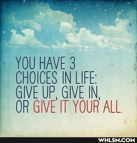 YOU HAVE 3
CHOICES IN LIFE:
GIVE UP, GIVE IN,
OR GIVE IT YOUR ALL.