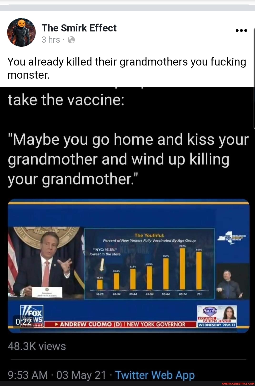 The Smirk Effect
You already killed their grandmothers you fucking monster.
take the vaccine:
"Maybe you go home and kiss your grandmother and wind up killing your grandmother.'
of New Yorkers Fully Vaccinated By Age Group
ANDREW CUOMO (D) I NEW YORK GOVERNOR
48.3K views