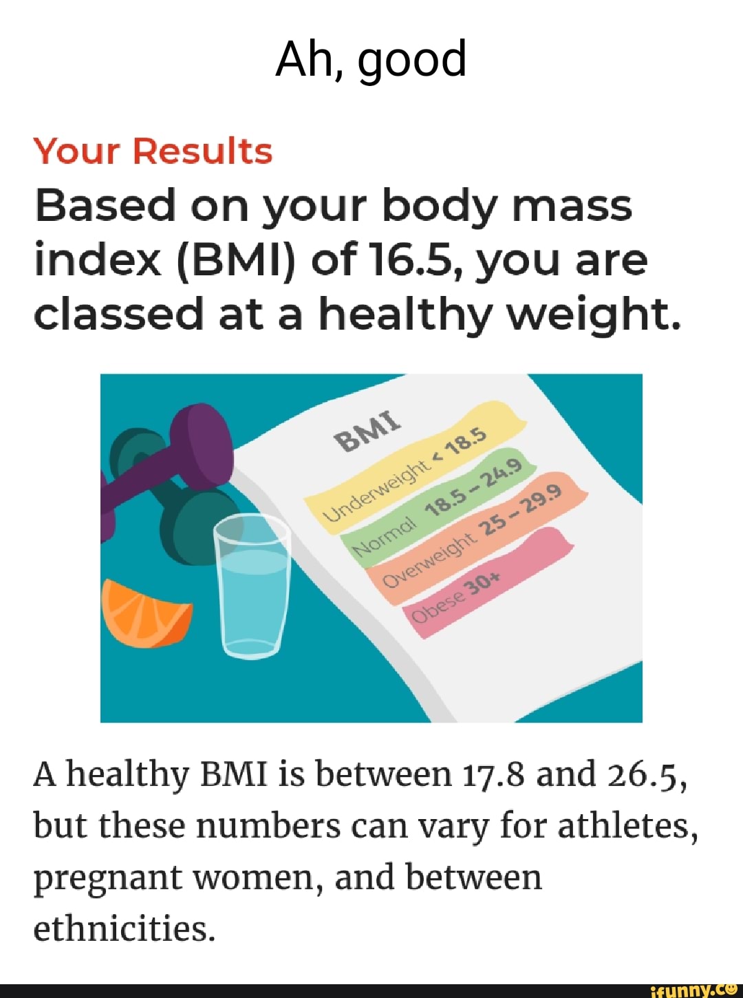 Ah Good Your Results Based On Your Body Mass Index Bmi Of 16 5 You Are Classed