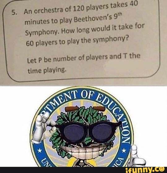5. Anorchestra of 120 players takes 40
minutes to play Beethoven
Symphony. How long would it take for
60 players to play the symphony?
Let P be number of players and T the time playing.